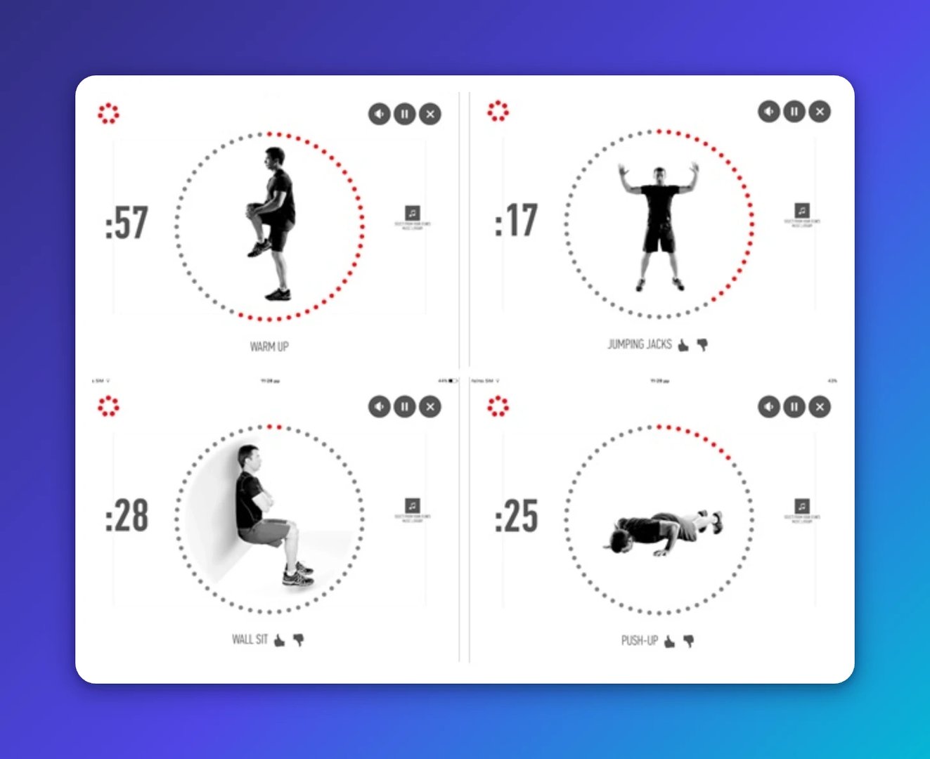 Four exercises from a 7-minute workout app: warm-up (57 seconds), jumping jacks (17 seconds), wall sit (28 seconds), and push-up (25 seconds)