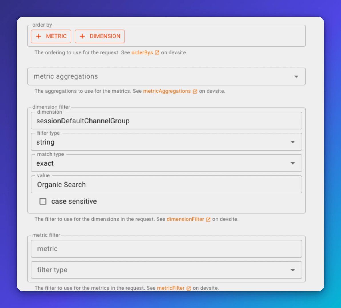 Google Analytics Query Explorer Metric Dimension Filter