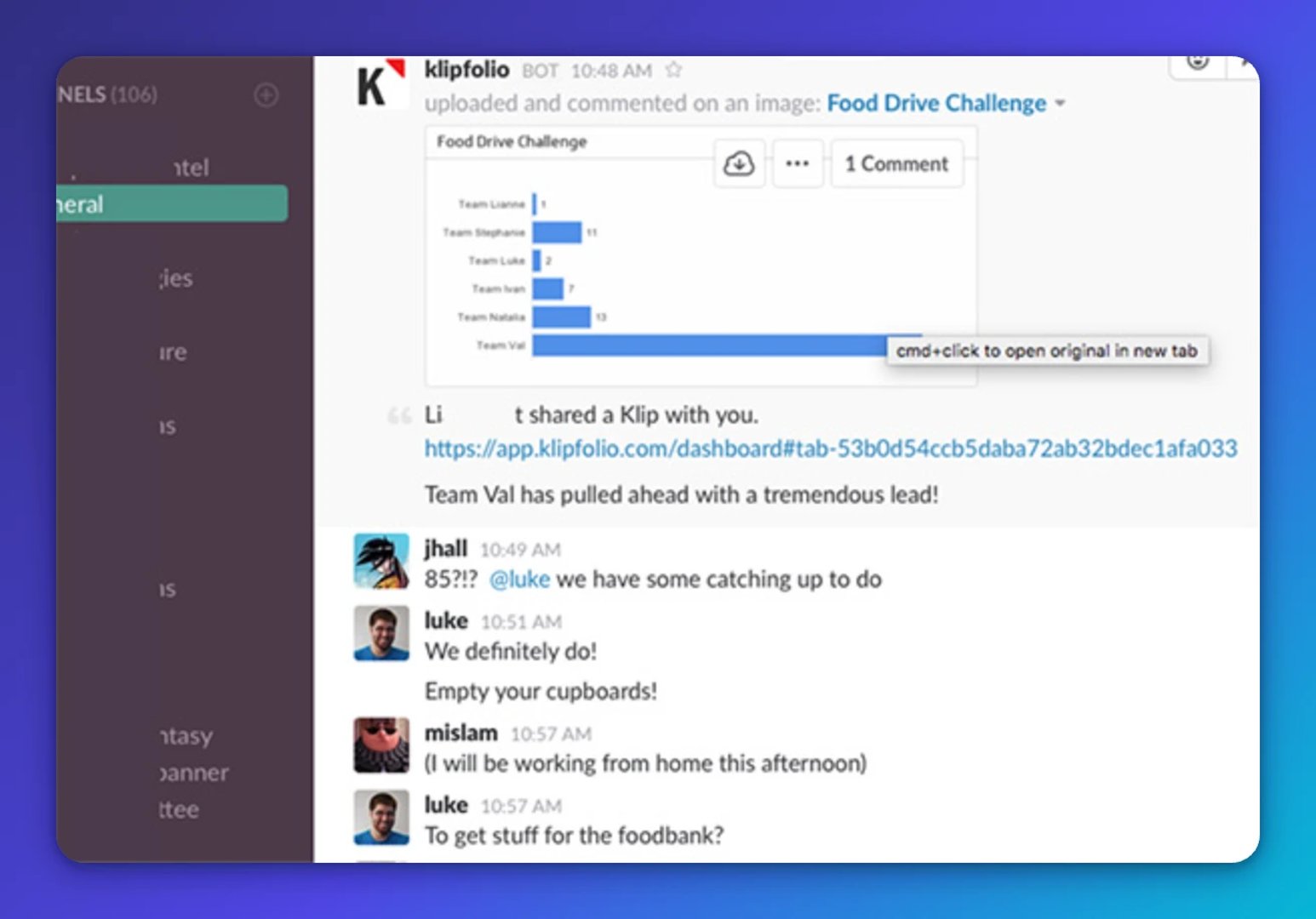 Klipfolio chat showing a Food Drive Challenge bar chart with Team Val leading, and team members discussing catching up on donations