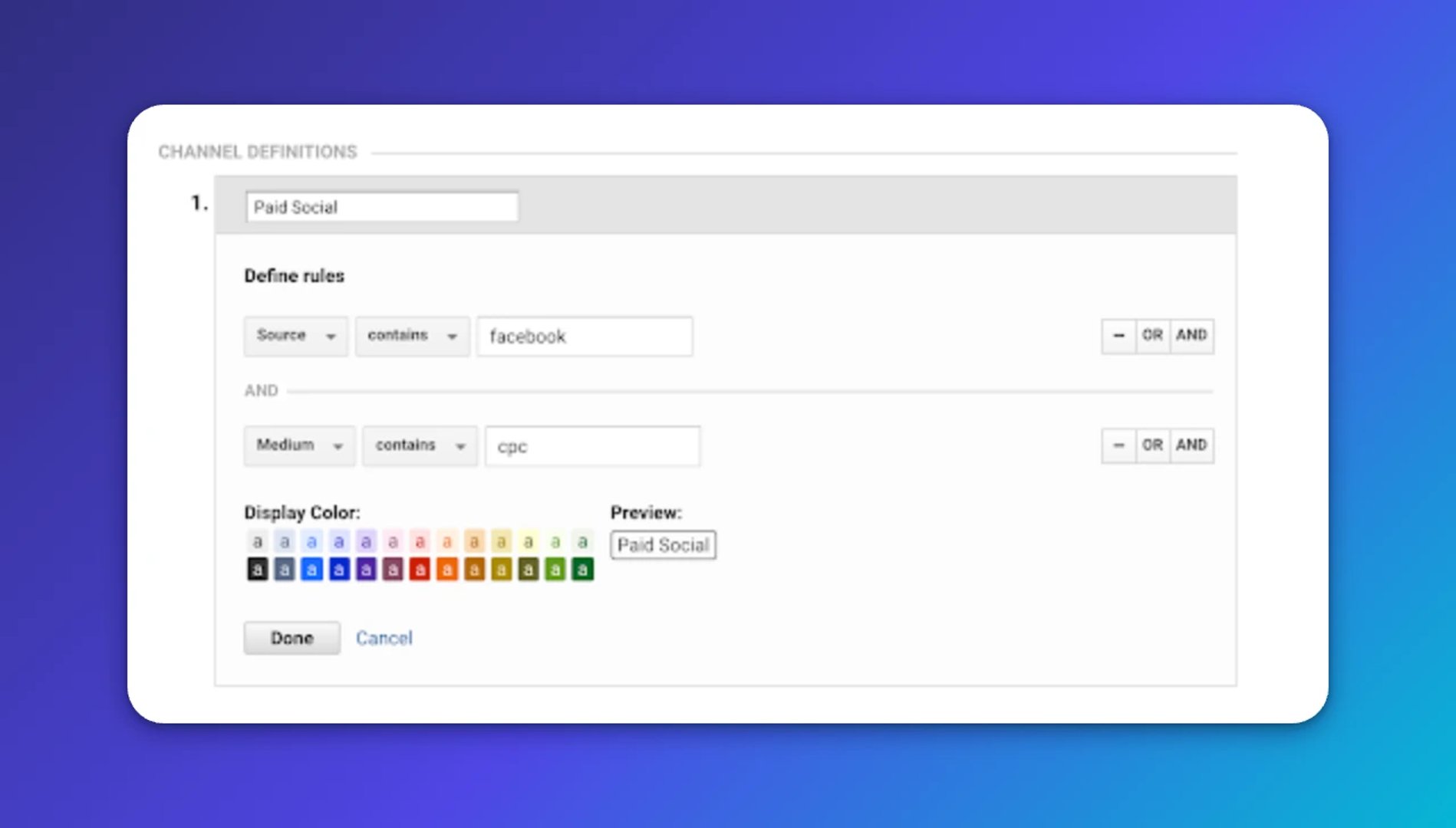 Setting up Facebook Ads as default channel in Google Analytics - Step 3 - channel definitions