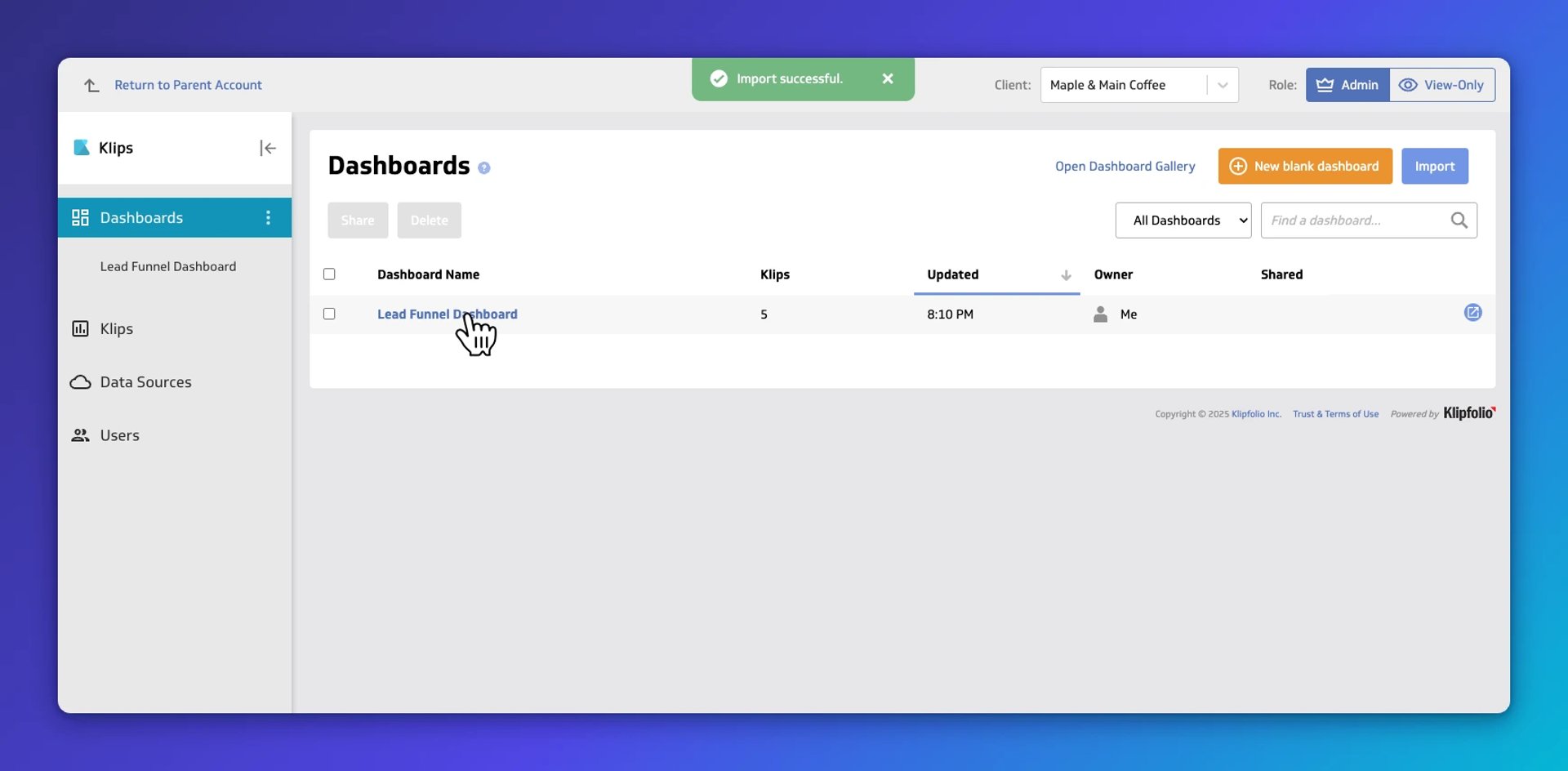 Klipfolio Dashboards page showing Lead Funnel Dashboard with 5 Klips, updated at 8:10 PM, owned by Me
