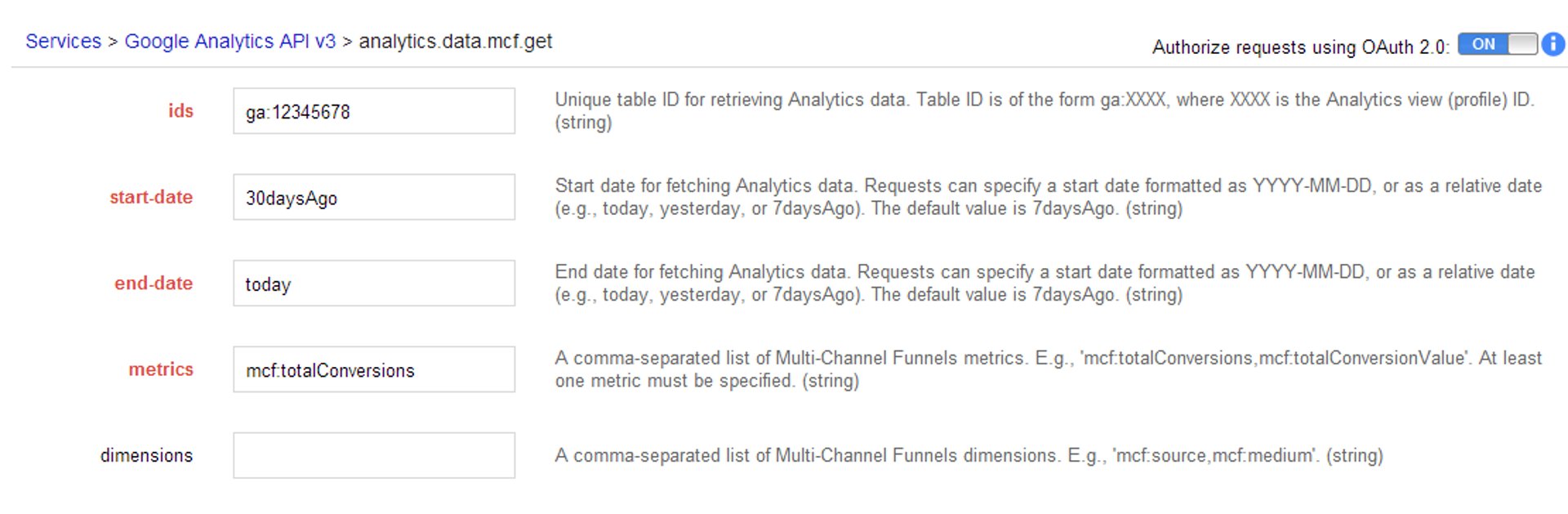 Multi Channel Funnel API Metrics