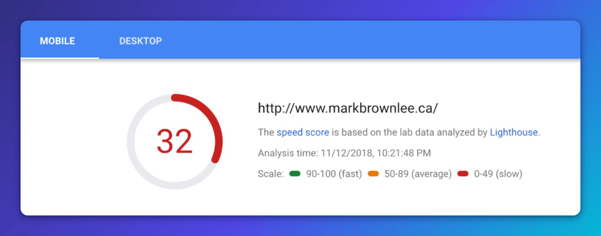 PageSpeed Insights mobile speed score of 32 for markbrownlee.ca, rated as slow on a 0-49 scale, analyzed by Lighthouse on 11/12/2018