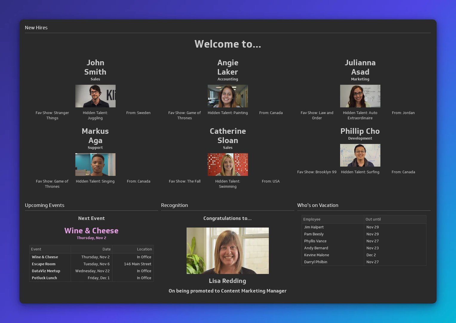 Company intranet dashboard showing new hires, upcoming events including Wine & Cheese on Nov 2, employee recognition for Lisa Redding's promotion to Content Marketing Manager, and vacation schedule
