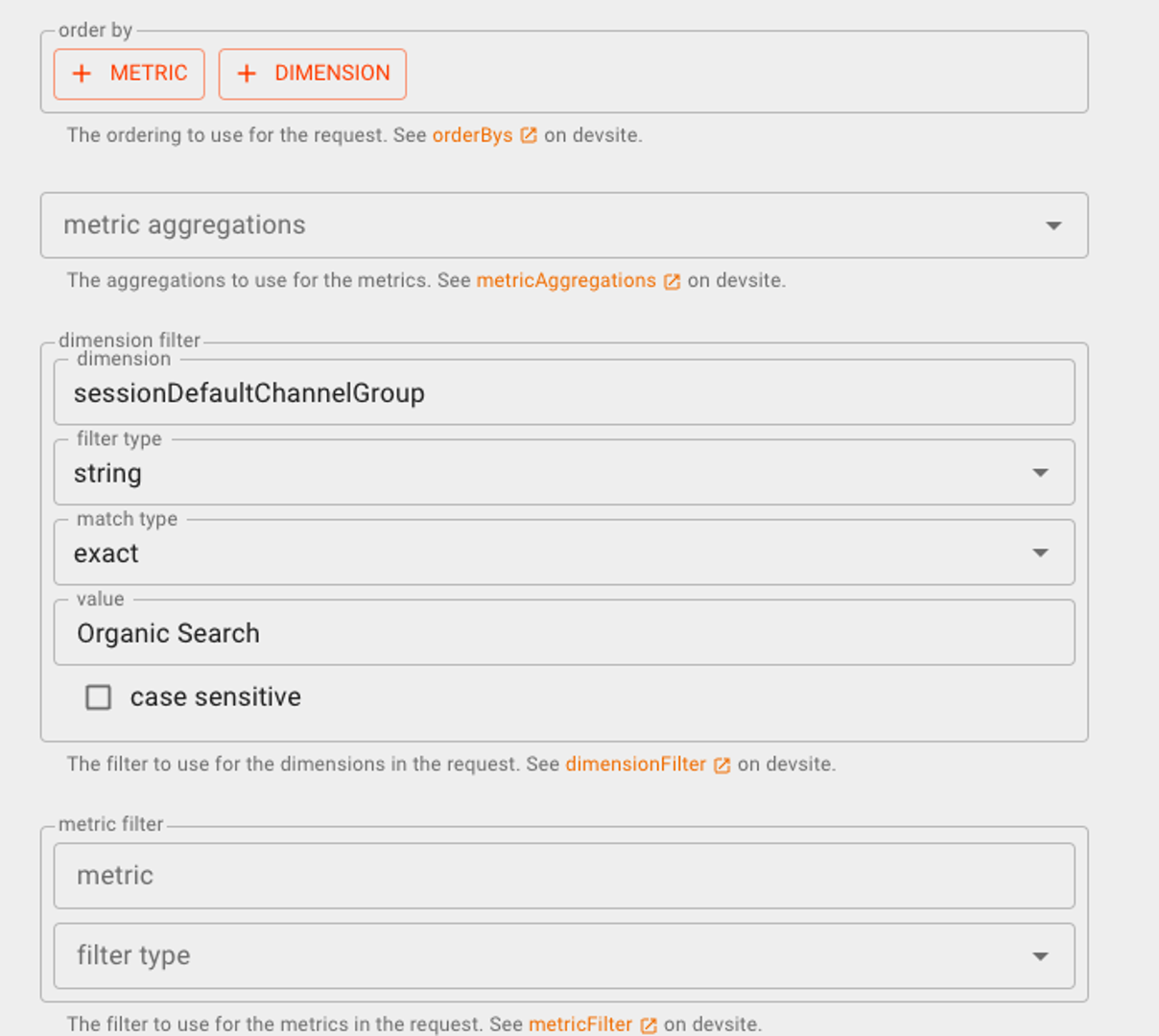 Google Analytics Query Explorer Metric Dimension Filter