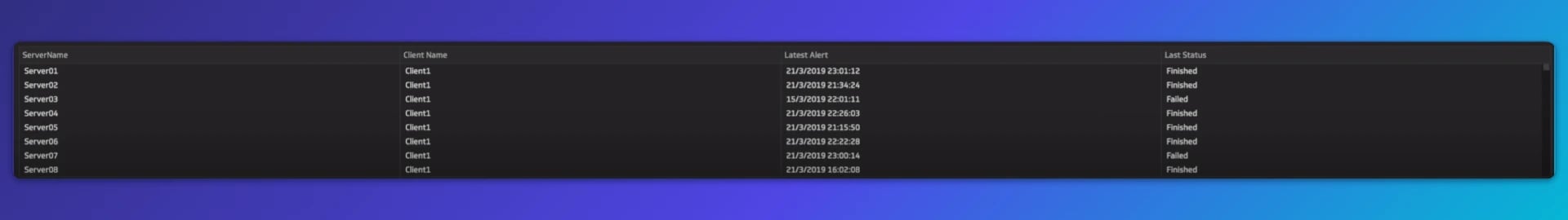 Dashboard displaying server status data with columns for server name, client name, latest alert, and last status, showing multiple servers with 