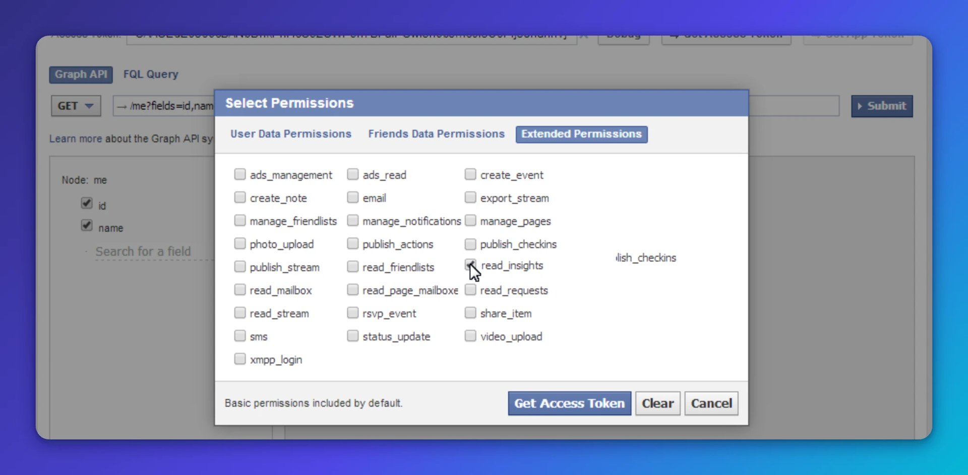 klipfolio - facebook graph api insights permissions screen