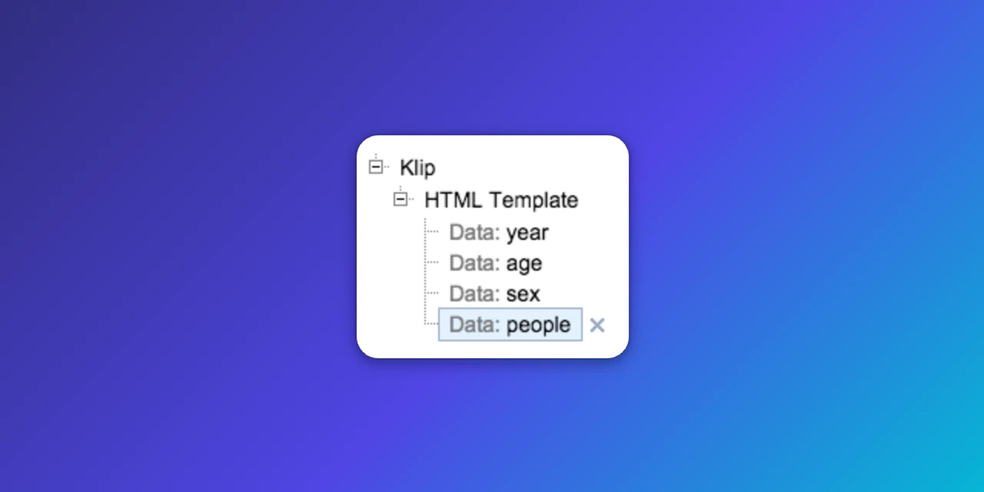 Klip component tree showing HTML Template with data fields for year, age, sex, and people