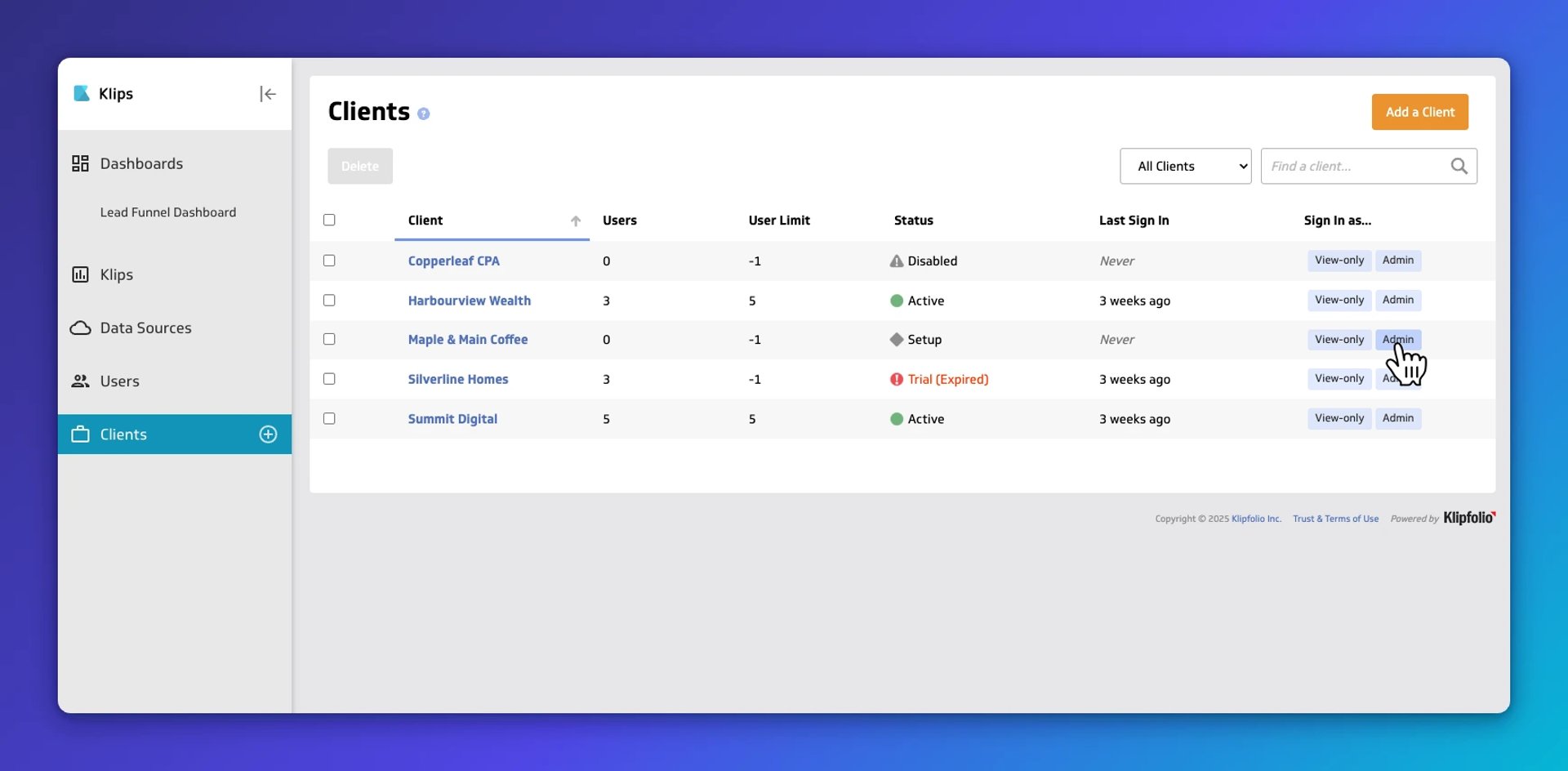 Klips Clients page showing a table with five client accounts, their user counts, status (Active, Disabled, Setup, or Trial Expired), and last sign-in dates
