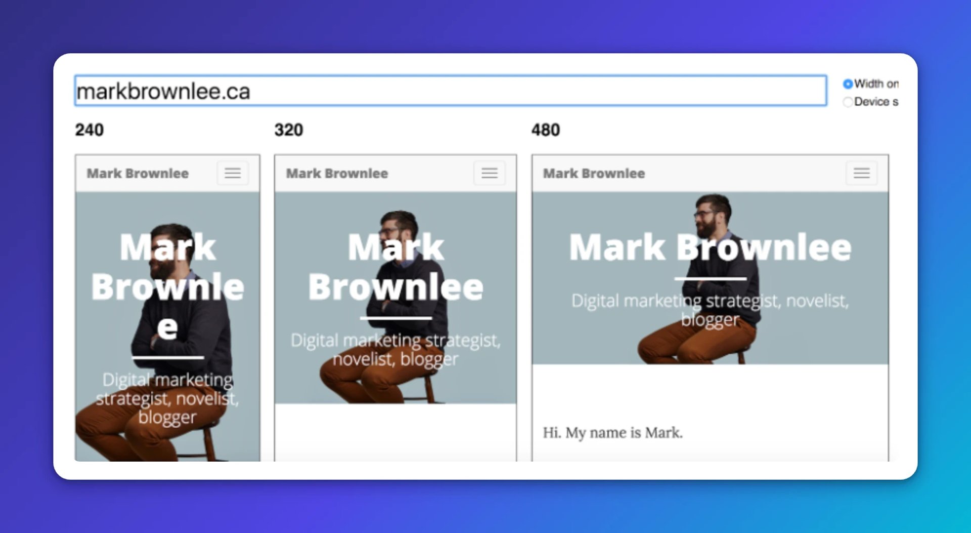 The markbrownlee.ca website displayed at three viewport widths (240, 320, and 480 pixels) showing how the layout adapts responsively from mobile to wider screens