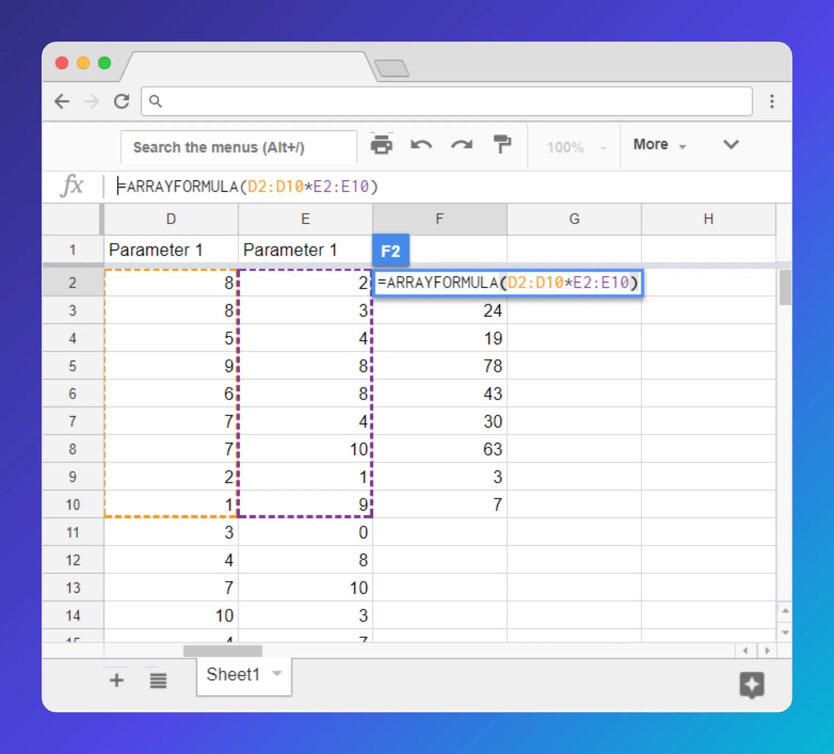 Google Sheets spreadsheet showing an ARRAYFORMULA that multiplies values from columns D and E, with results displayed in column F