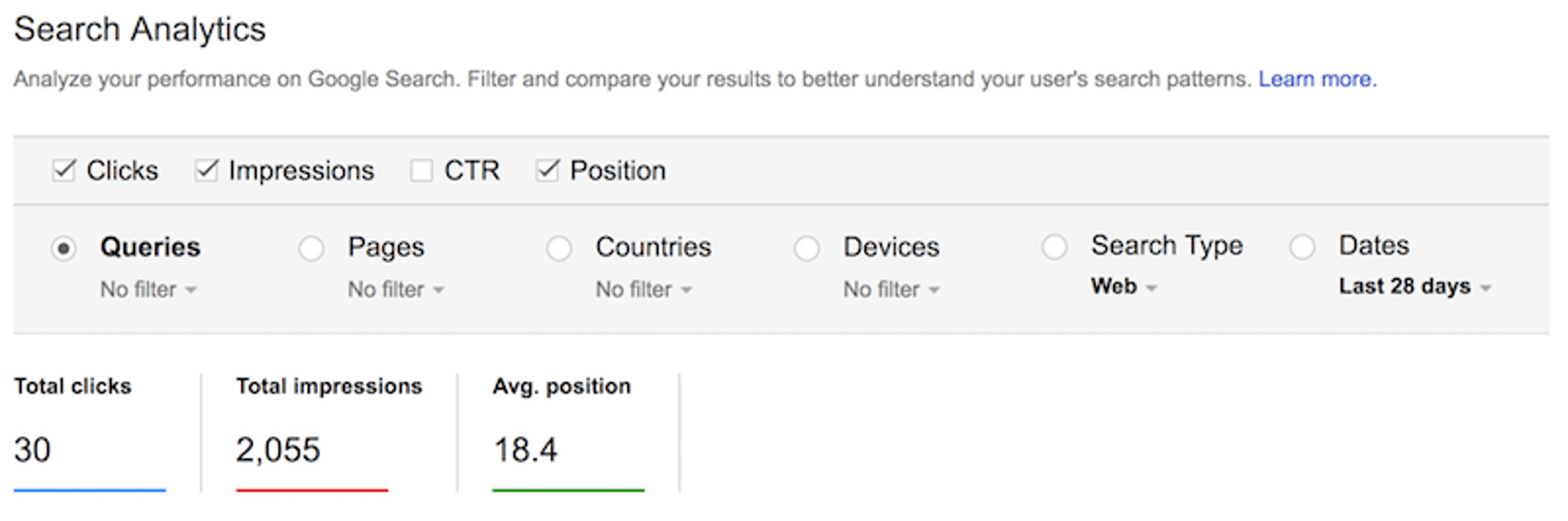 search analytics panel