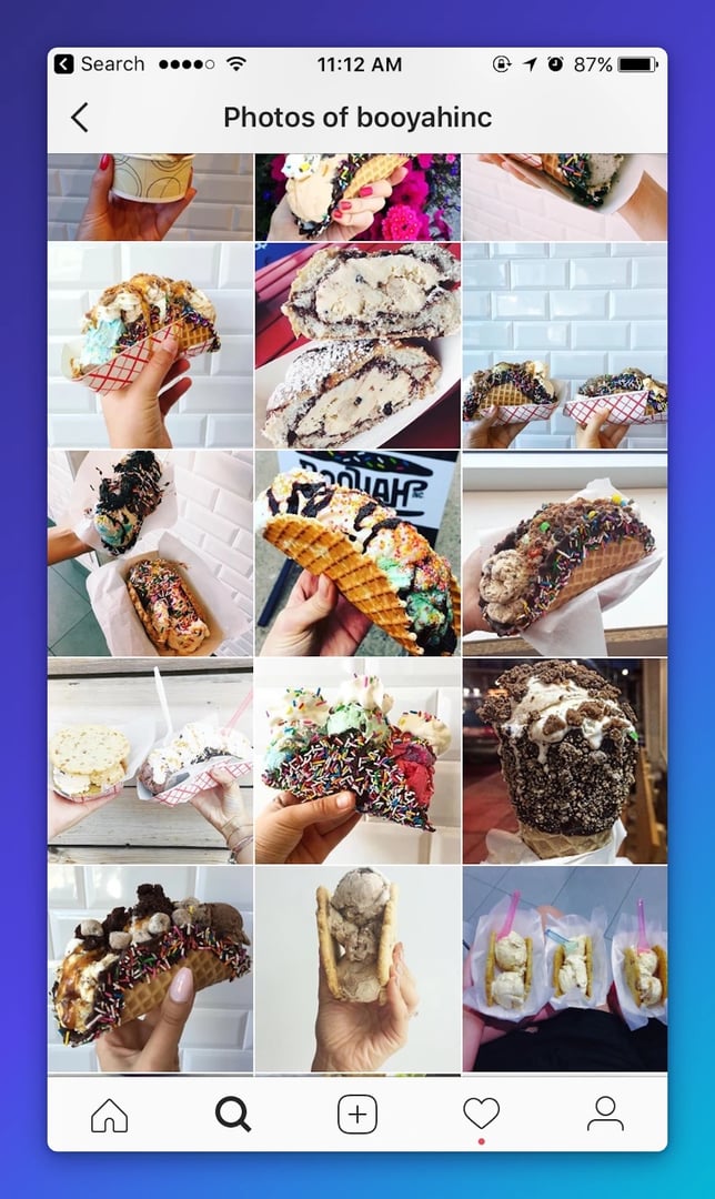 Instagram feed showing customer photos of Booyah ice cream desserts with colorful sprinkles and toppings