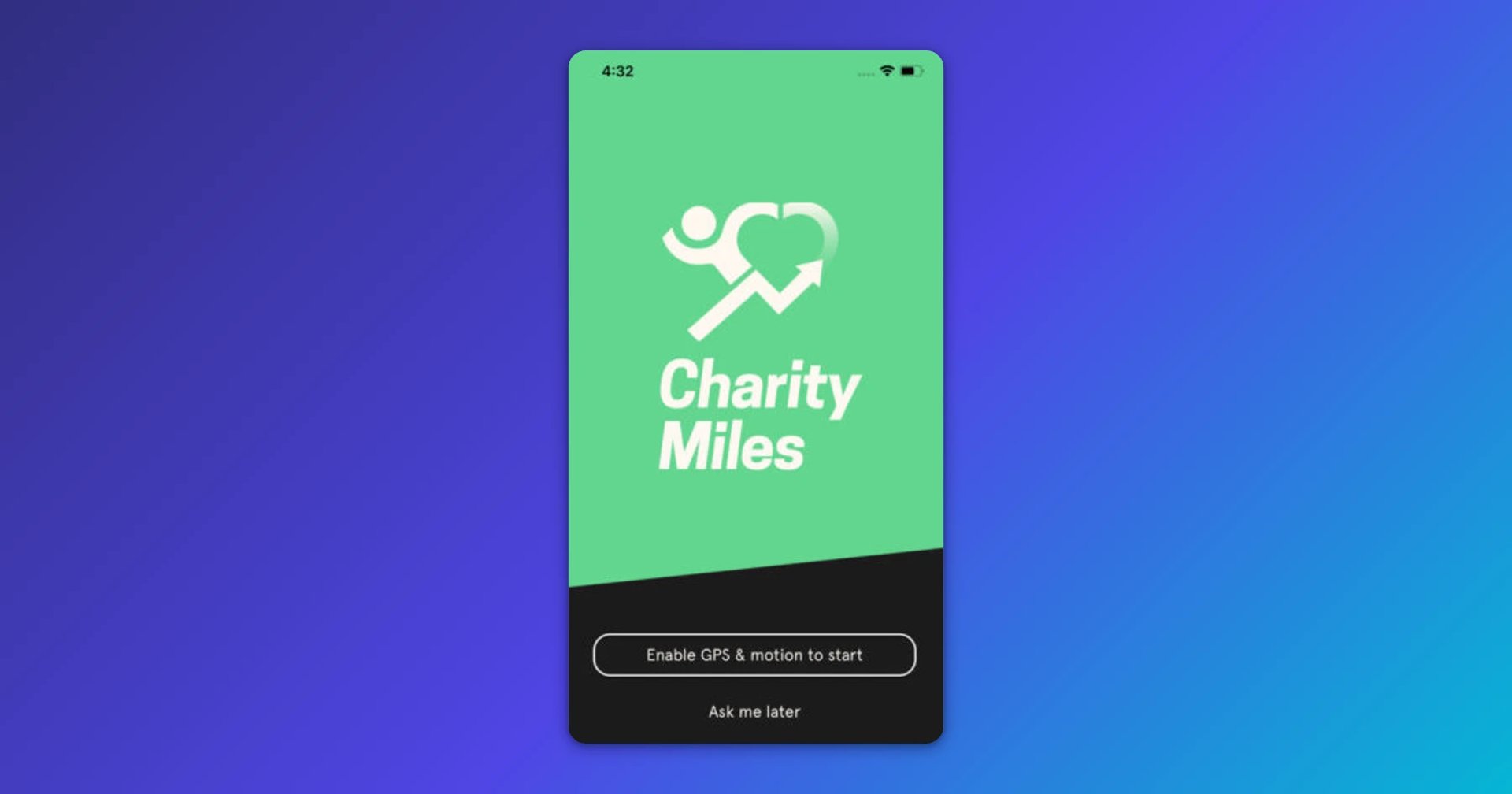 Charity Miles app screen showing a person icon with an upward arrow and heart symbol, prompting to enable GPS and motion to start tracking miles for charity