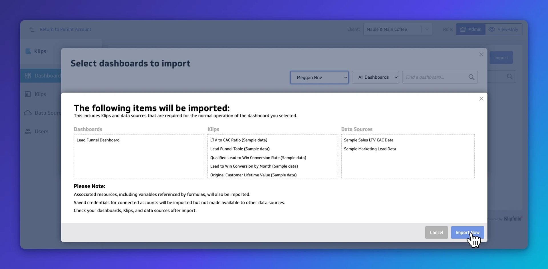 Import confirmation dialog listing Lead Funnel Dashboard, five associated Klips, and two data sources to be imported