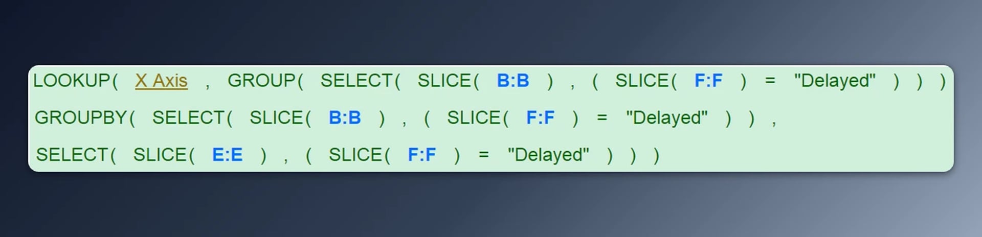Klipfolio formula combining LOOKUP, GROUP, SELECT, and SLICE functions to filter data where the Delayed column equals 