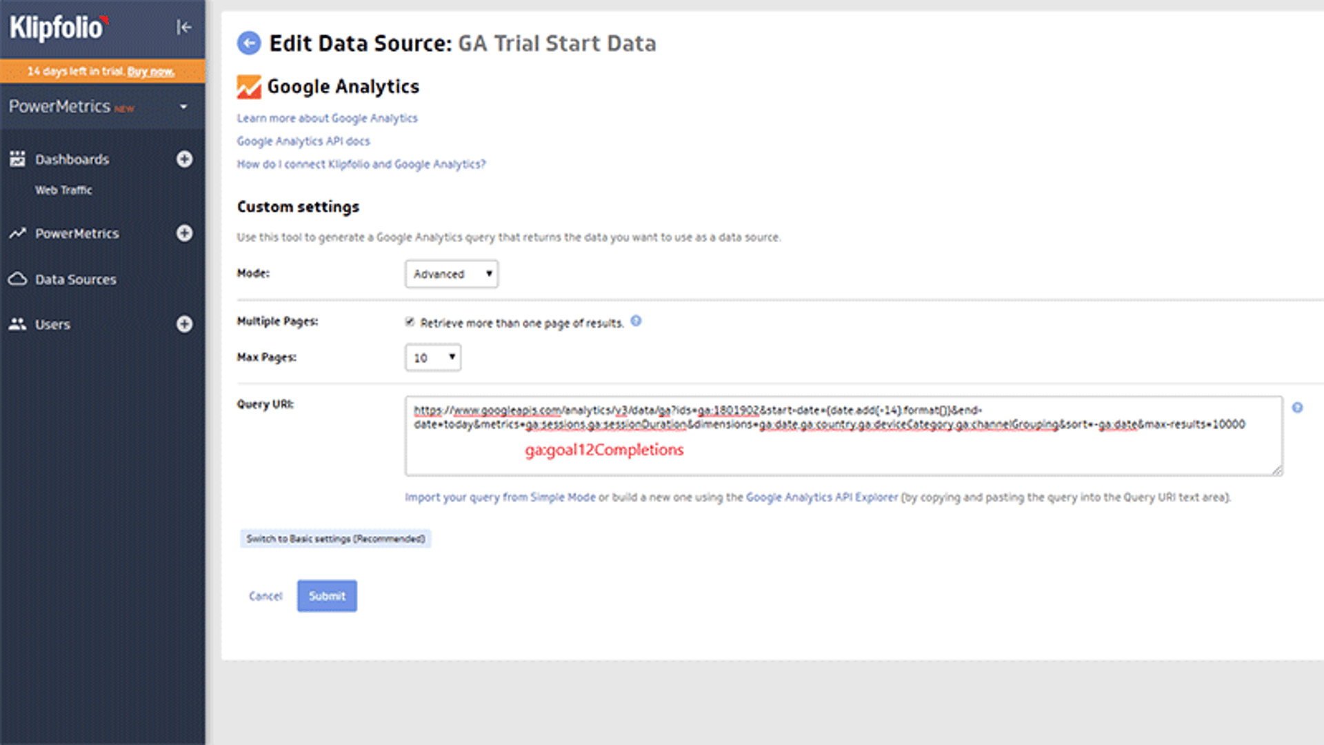 How to Work with Ga Data in Klipfolio Ga Data Source Query