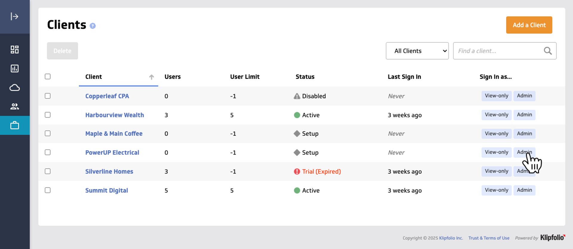 Klips Client Management Admin Sign In