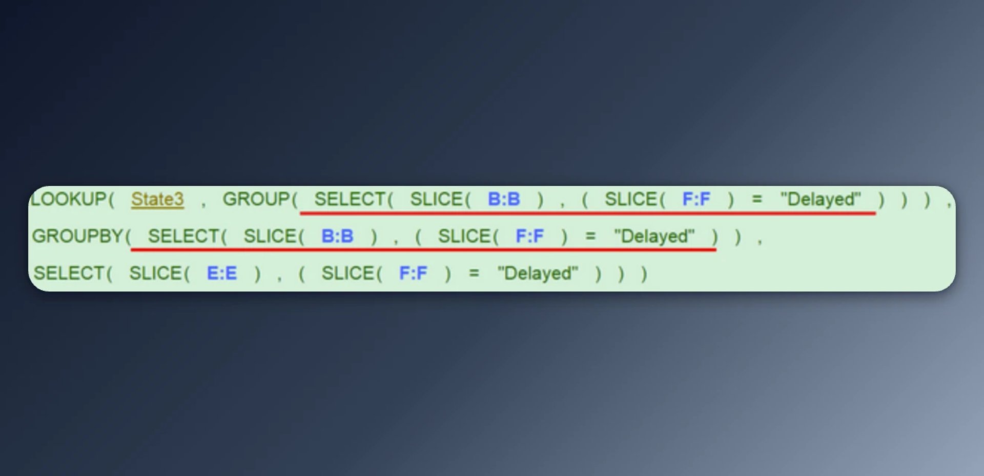 Klipfolio formula combining LOOKUP, GROUP, GROUPBY, and SELECT functions with SLICE operations to filter delayed orders by state