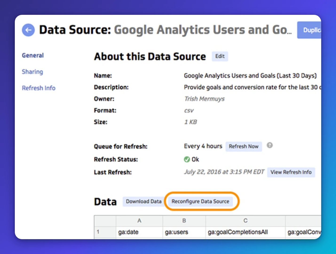 Data source configuration page for Google Analytics Users and Goals showing metadata, refresh settings, and a data preview with columns for date, users, and goal completions