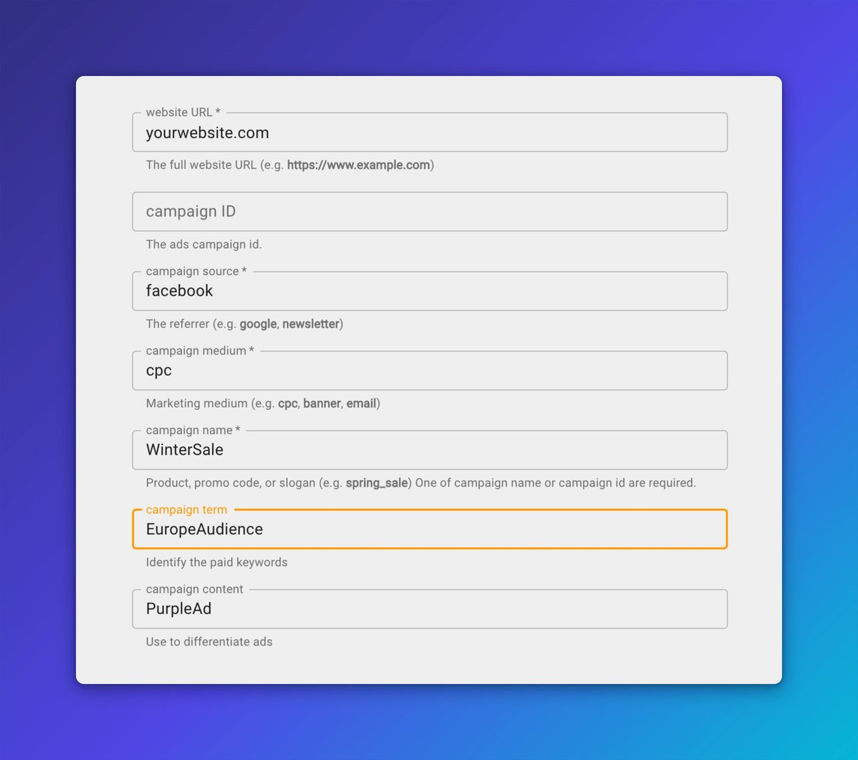 How to Track Facebook Ads in Google Analytics | Step 2 - Define your parameters based on ad, ad set, and campaign