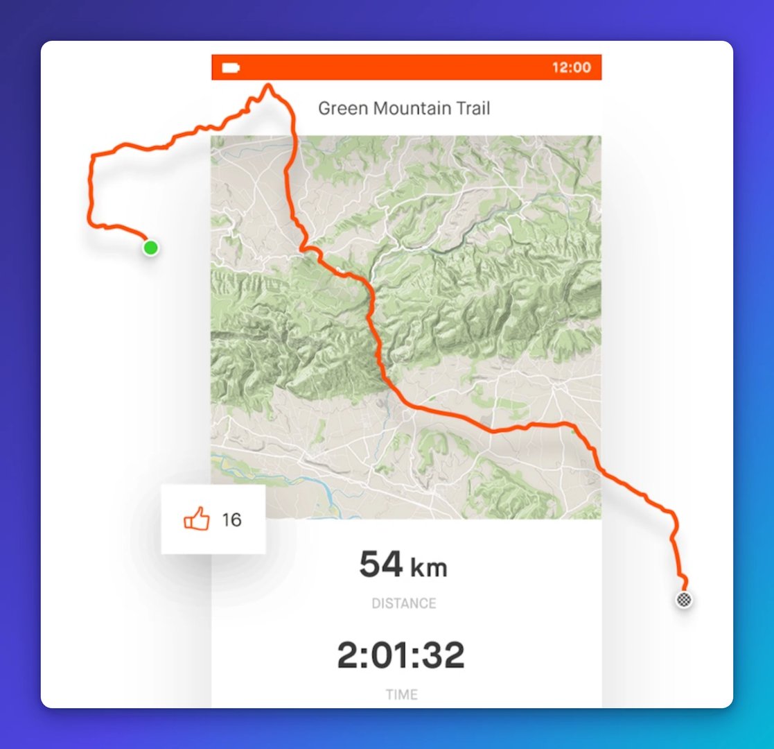 Green Mountain Trail route on a map showing 54 km distance completed in 2 hours 1 minute 32 seconds with 16 likes