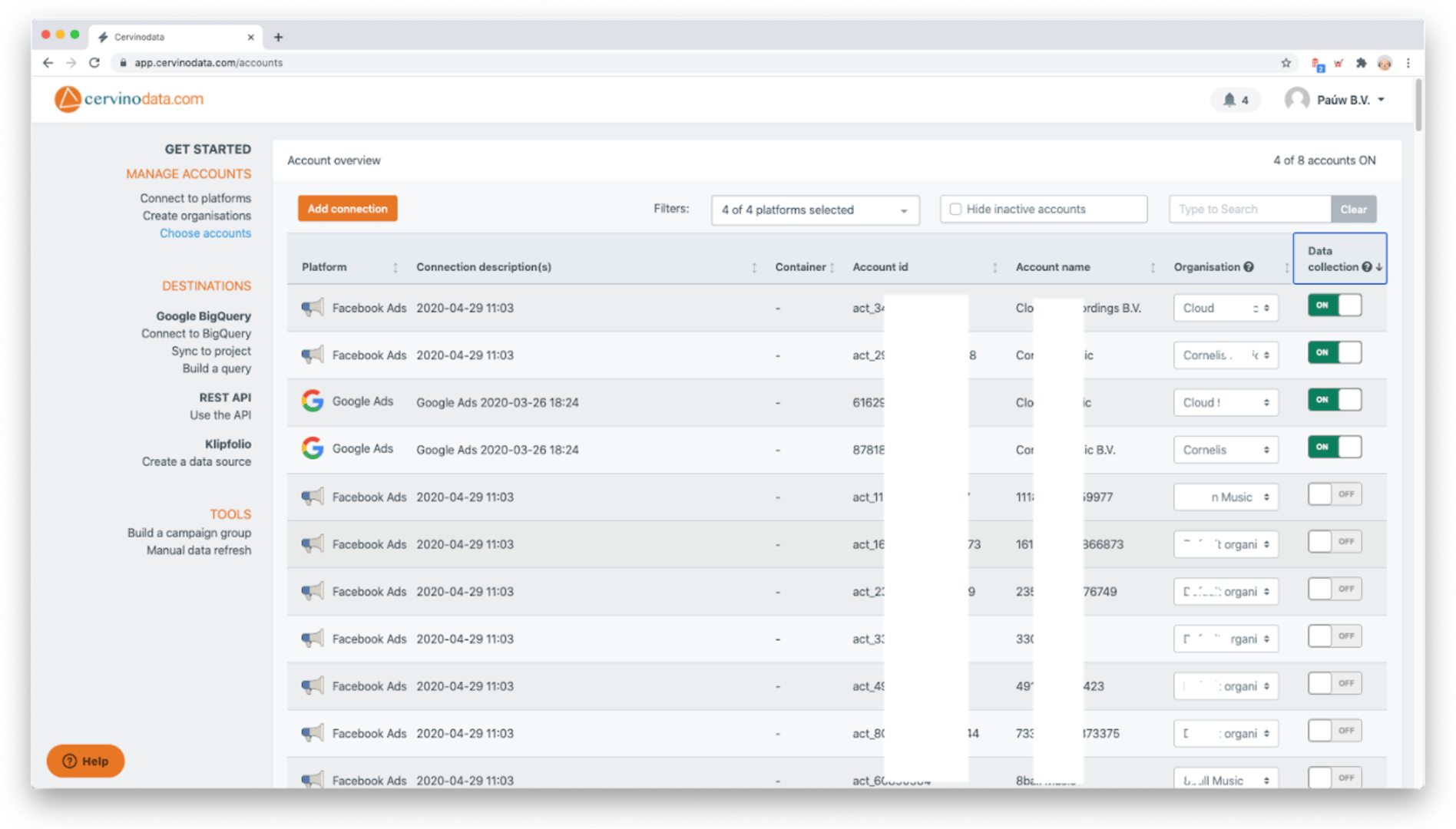 Example of Cervinodata Choose Accounts Interface - Numerous ad campaigns listed with contextual data