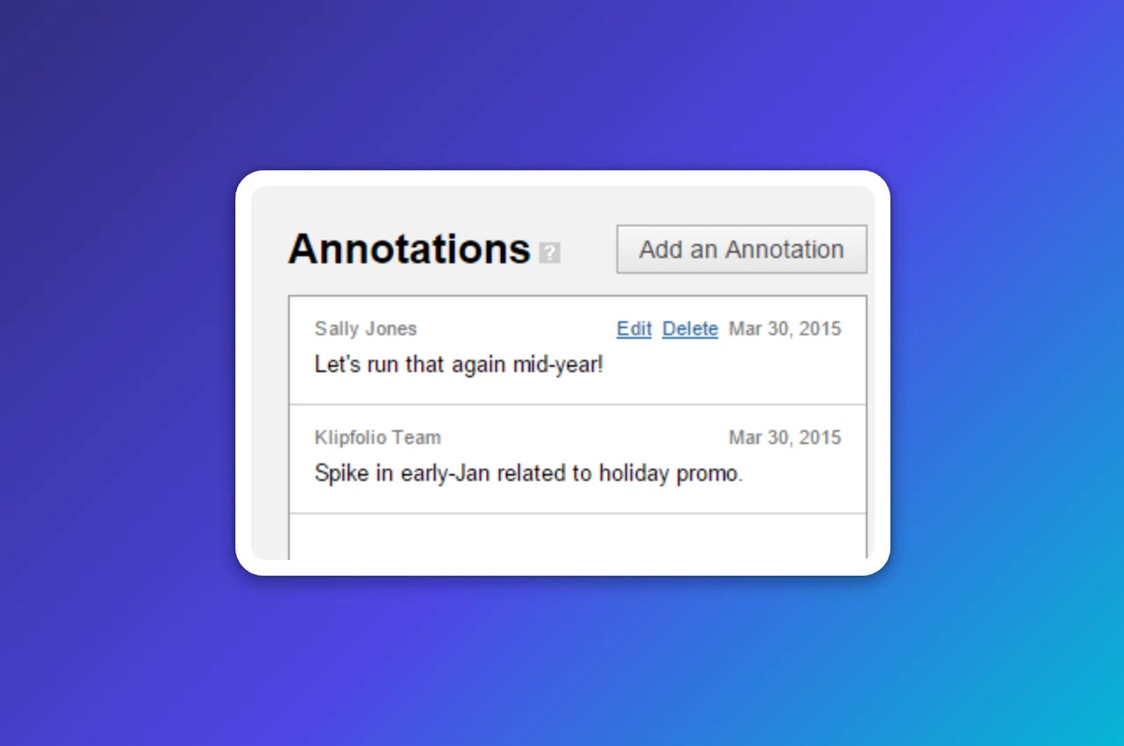 Annotations panel showing two comments on a dashboard: Sally Jones wrote 