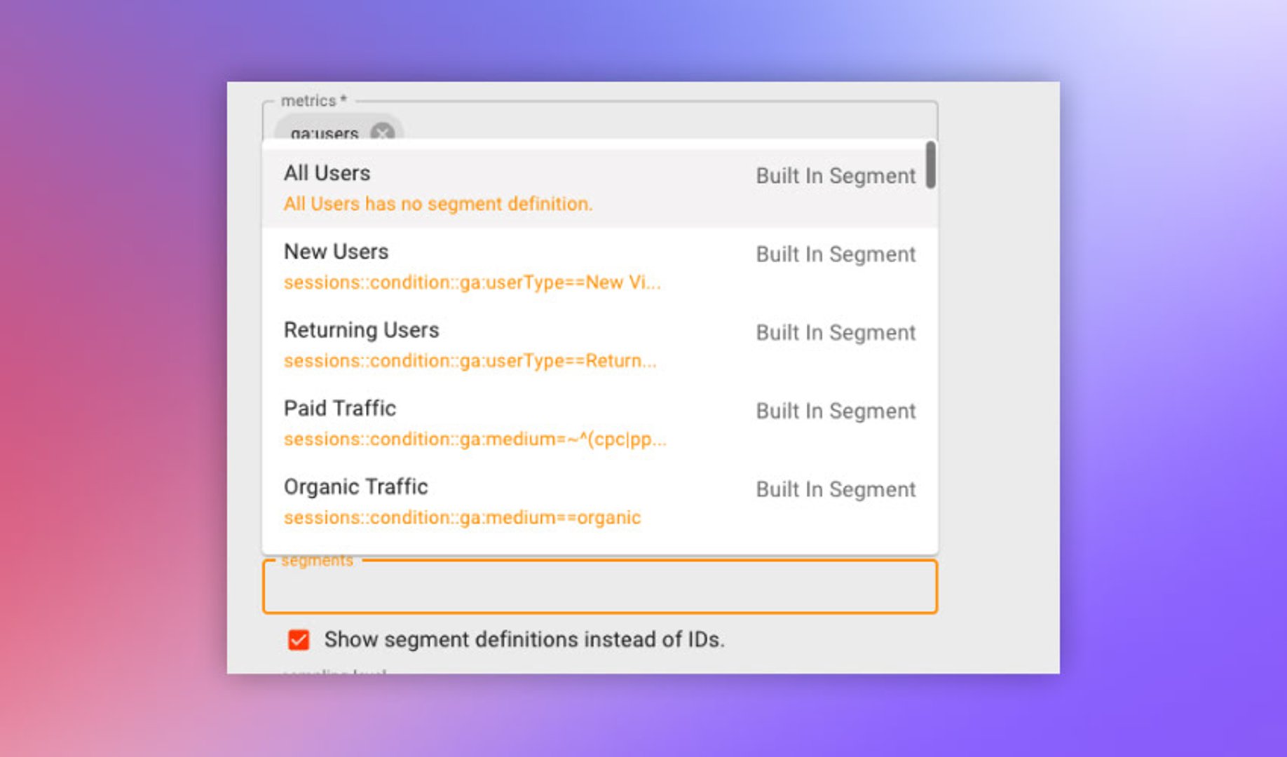 Google Analytics Query Explorer Segments