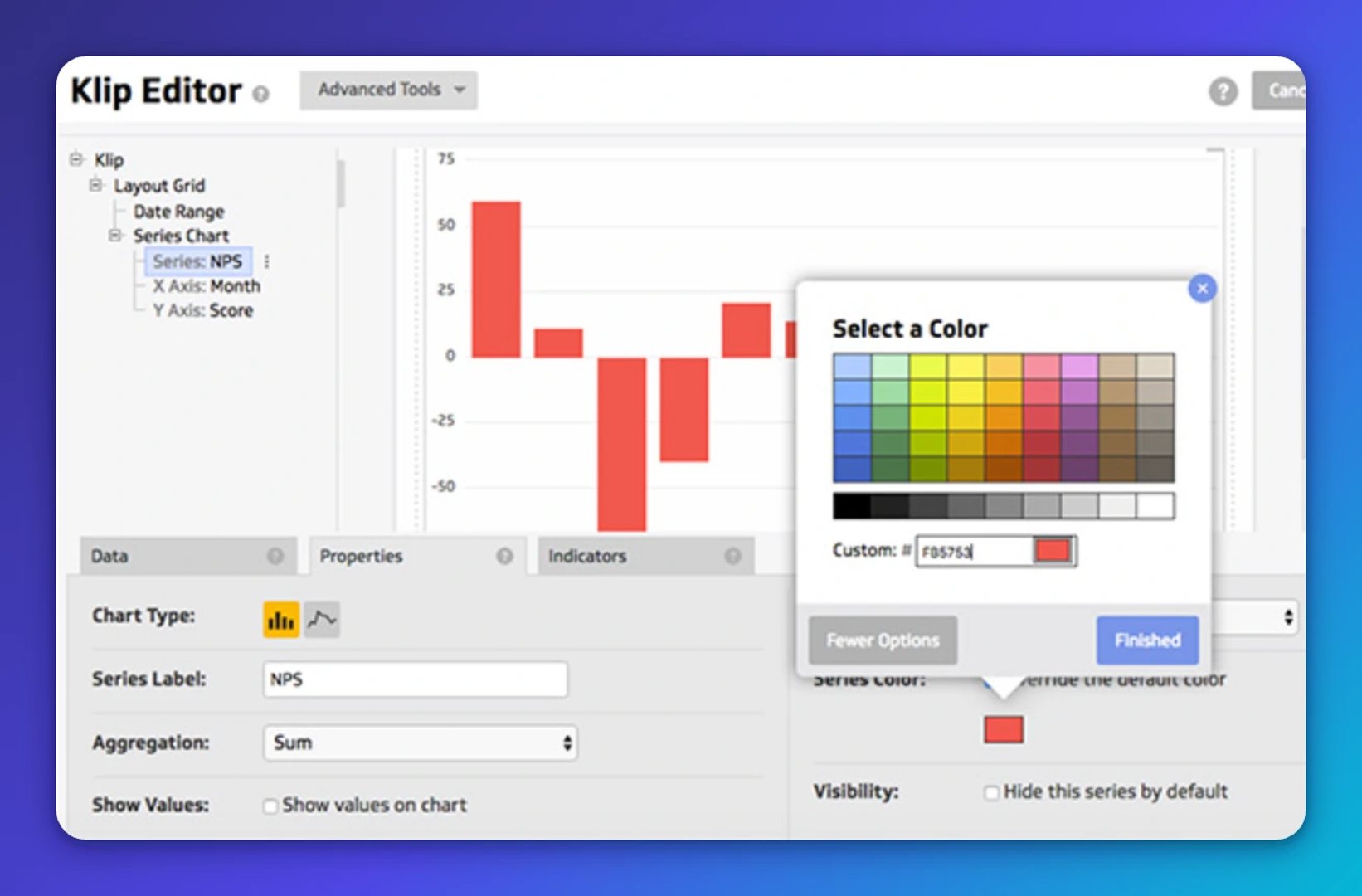 Klip Editor showing a bar chart with NPS data and a color picker dialog open to select a custom color for the series
