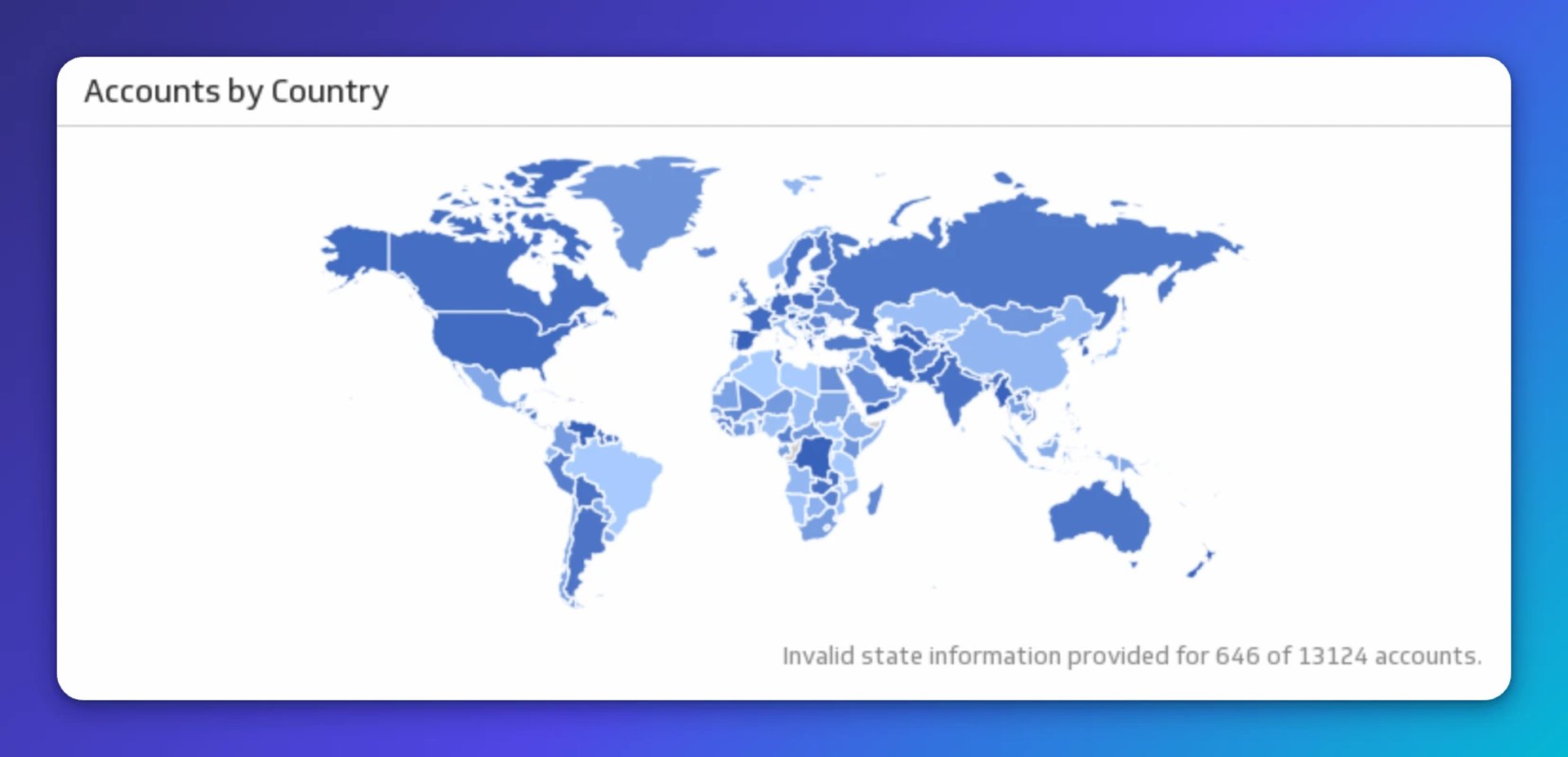 World map showing Salesforce account distribution by country in shades of blue, with darker colors indicating higher account concentrations